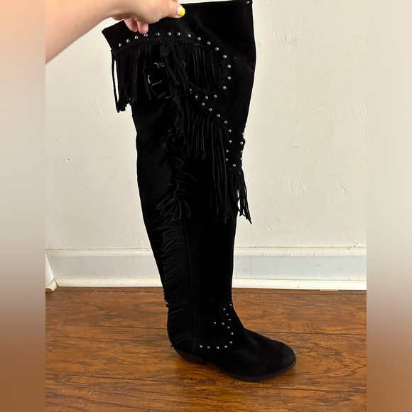 Over-the-Knee Black Leather/Suede Fringe Studded Cowboy Boots, Sz: 7 - Picture 5 of 10